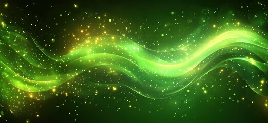 Poster - Abstract green wave background with glowing particles and light effects