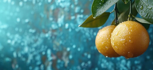 Poster - Fresh oranges with water droplets on vibrant blue background for healthy lifestyle