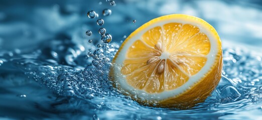Poster - Fresh lemon slice splashing in water with bubbles and vibrant blue background