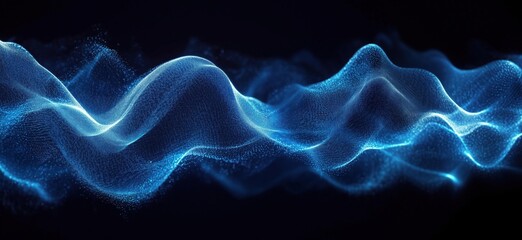 Poster - Abstract blue wave patterns with glowing particles on dark background