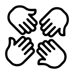 Poster - An (outline style) illustration of four stylized hands, symbolizing unity, collaboration, teamwork, and community. Each hand is positioned with fingers together, pointing inwards towards central point