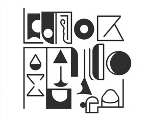 Poster - abstract graphic composition: intricate geometric forms interlock in a striking monochrome design, e