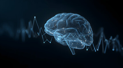 Poster - Brain's Neural Network: A mesmerizing illustration of a human brain, illuminated with a delicate network of connected neurons, all against a deep backdrop of dynamic wave lines