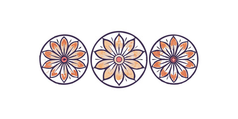 Poster - Floral mandala design with three circular patterns in orange and purple  