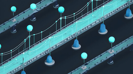 Poster - Network Bridges: Bridges symbolizing data pathways, connecting elements with illuminated spheres, conveying the essence of data exchange.