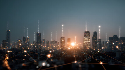 Poster - Urban Network at Dusk: A stunning cityscape glows with interconnected lights as the day fades, highlighting the technological infrastructure weaving through the metropolis.