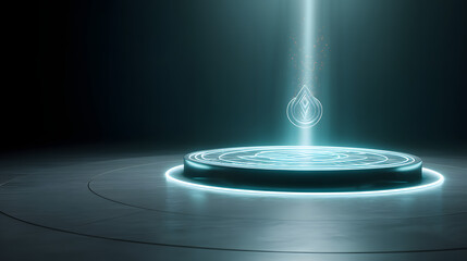 Poster - Futuristic Platform: A sleek, futuristic platform levitates in a mysterious, illuminated space, with an elegant symbol suspended within a beam of ethereal light.