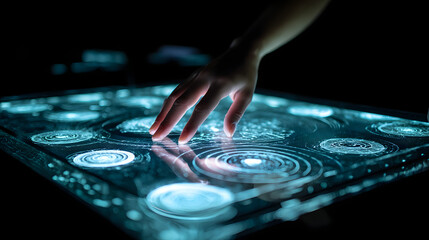 Poster - interactive technology: a close-up shot showcases a person's hand delicately interacting with a futu