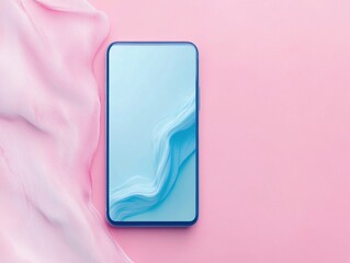 Poster - Digital Canvas: A modern smartphone resting on a delicate pink textile, its screen displaying a serene, abstract wave. A fusion of technology and art.
