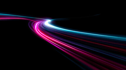 Fototapete - Abstract Light Trails:Dynamic streaks of pink, blue, and white light trace a curving path against a black background, evoking a sense of speed, energy, and motion.