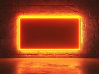Poster - Illuminated Neon Sign: A vibrant orange neon sign glows brightly against a rustic brick wall, casting a warm reflection on the shiny floor.