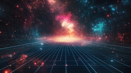 Poster - Futuristic Grid Landscape with Nebula and Stars for Science Fiction and Technology Backgrounds and Presentations