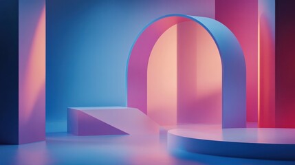 Poster - geometric serenity: architectural elements come alive with a dance of pastel hues, with an illuminat