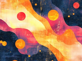 Poster - Vibrant Galaxy Swirl: A mesmerizing abstract illustration featuring swirling waves of vibrant orange, yellow, pink, and deep blue, punctuated by celestial circles resembling planets in a cosmic dance.