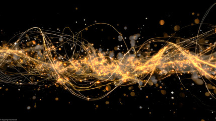 Fototapete - Golden Energy Stream: Abstract swirling streams of golden light and particles on a black background, evoking feelings of energy, power, and dynamism.