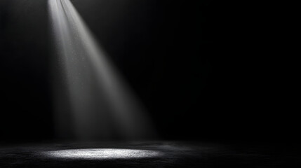 Poster - Illuminating Focus: A lone beam of light dramatically pierces through the darkness, casting a spotlight on an empty stage. creating a sense of anticipation and mystery.