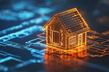 Poster - Digital Home on Circuit Board: A conceptual image of a glowing house rendered in a digital, circuit board style against an abstract, tech-inspired backdrop.