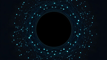 Fototapete - Abstract Dark Circle: Glowing teal particles swirl around a central black circle, creating an abstract, futuristic, and mysterious image perfect for technology or science-related projects.