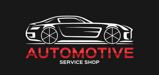 modern vector car logo for automotive service. sleek sports car silhouette on black background. edit