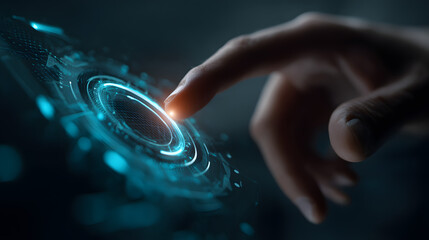Poster - Digital Touch: Close-up of a finger interacting with a futuristic digital interface, highlighting the seamless connection between human touch and technological innovation.