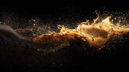 Poster - Liquid Dynamics: Captivating close-up of coffee or liquid splashing, capturing the fluid movement of liquid dynamics and visual feast with the contrasting darkness of the backdrop.