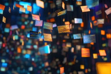 Poster - Digital Data Cascade: Abstract digital data particles, bathed in a spectrum of colors, hang in mid-air. This image embodies the essence of information floating in a virtual space.