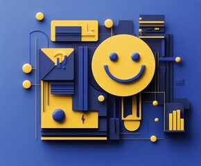 Poster - joyful harmony: a vibrant artistic illustration of a smiley face surrounded by an abstract network o