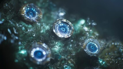 Poster - Closeup of ultrasonic transducers embedded in the walls of a degassing tank. Their metallic surfaces reflecting light and surrounded by a mixture of recycled pet and fluid. Undergoing a color change