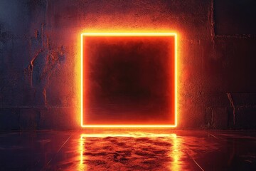 Poster - Neon Portal: Illuminated by a neon orange frame, a dark void offers a captivating contrast against the rough texture of a concrete wall and reflective floor, conjuring a sense of mystery and intrigue.