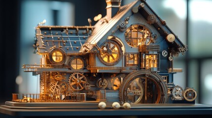 Poster - Steampunk Miniature House: A captivating miniature house with intricate steampunk design, showcasing gears, and mechanical details. Featuring warm interior lights and a captivating design.