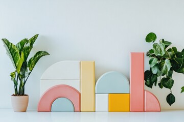 Poster - artistic harmony: a contemporary arrangement of pastel-colored wooden blocks is artfully displayed, 