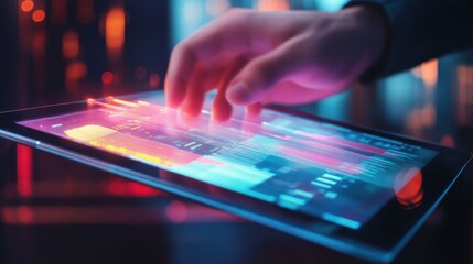Poster - Digital Tablet Interaction: A person interacts with a digital tablet, creating colorful streaks and glowing interface against urban backdrop, highlighting innovation and connectivity.