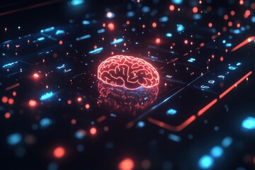 Poster - Digital Brain: Conceptual image of a glowing brain set against a high-tech, electronic circuit board, symbolizing the synergy of human intellect and digital technology.