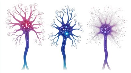 Poster - Brain cells' Symphony: Artistic rendering of three brain cells, symbolizing neural network connectivity and innovation of communication, and technological advancements.