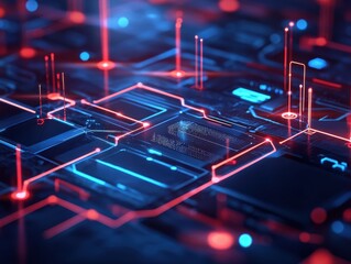 Poster - Digital Nexus: A close-up of a futuristic, glowing circuit board showcases the intricate pathways of digital information.