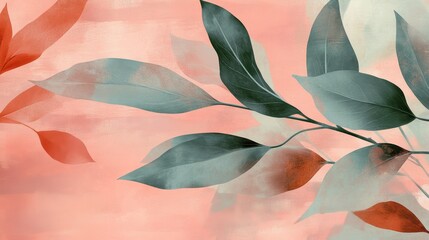 Poster - Subtle Foliage: A beautiful floral illustration showcasing delicate leaf patterns in a serene and soft palette of coral and muted teal, adding a touch of organic elegance.
