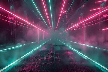 Poster - Neon Tunnel: Futuristic pink and teal neon lights illuminate a dark, smoky tunnel, creating a vibrant and dynamic visual effect.