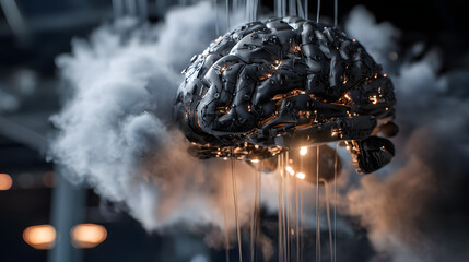 Poster - Brain Illuminated: A mesmerizing visual of a metallic brain, suspended amidst ethereal clouds, radiating a warm, intelligent glow that stimulates a sense of curiosity.