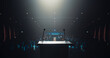 © Gorodenkoff - Modern Conference Stage With Two Microphones Under Spotlight, Ready for a Speaker to Come Up on Stage in a Dark Lit Auditorium. Public Speaking and Conference Presentation Concept