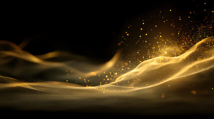 Poster - Golden Sparkles on Dark Canvas: Abstract visualization of floating, glistening gold dust particles, swirling and dancing gracefully on a deep black background, emanating luxury and sophistication.