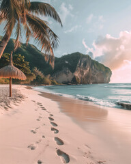  Tropical beach with white sand, palm trees, turquoise waves, and footprints — a serene natural paradise with cliffs and a glowing sunset