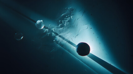 Poster - celestial echoes: an ethereal composition, three orbs of varying sizes float weightlessly in a darke