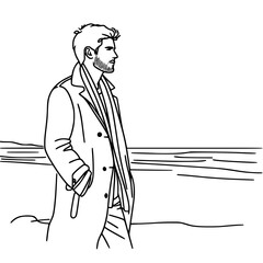 Poster - Man walking by the ocean in a long coat with scarf - Concept of single line outline vector  