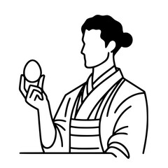 Poster - Woman in traditional clothing holding egg in single line outline vector  