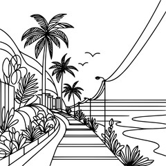 Poster - Scenic coastline with palm trees and pathway in line art style concept of single line outline vector  