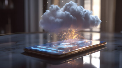 Poster - Cloud Technology on Mobile: Elegant marble and a sleek phone meet a whimsical cloud in a sophisticated technological ballet of connectivity.