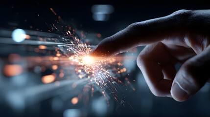 Poster - Technology Interface Touch: A hand makes contact with an electrifying point, signifying innovation and the merging of the digital and physical realms in a modern technological landscape.