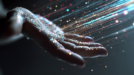 Fototapete - Connection: Sparkles streaming from the palm of a hand, symbolizing the flow of energy and digital interaction. Illustrating an ethereal bond.