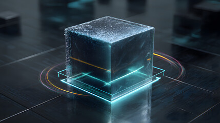 Fototapete - Digital Cube of Technological Advancement: A glowing cube of technological marvel, radiating a futuristic aura, rests upon a modern circuit board.