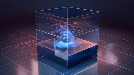 Poster - A Technological Marvel: An abstract visualization of advanced technological processes, encapsulated within a futuristic geometric cube, bathed in cool blue light.